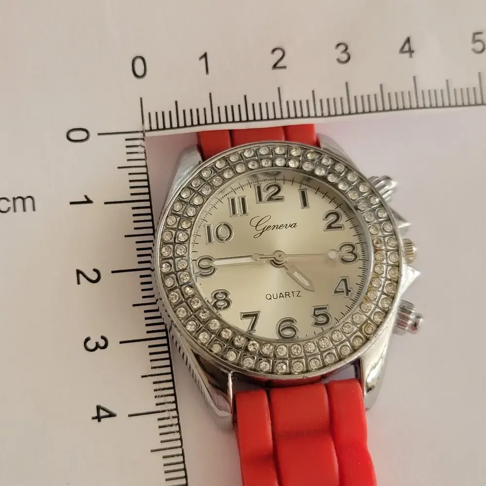 Geneva Womens Watch Silver Dial Silver Case Red Silicone Strap Quartz ZC-1111